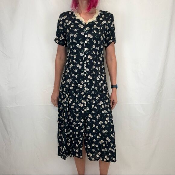 Vinita Women's Floral Button Front Dress VTG Vintage M Med Medium Blue Collared - Picture 1 of 15